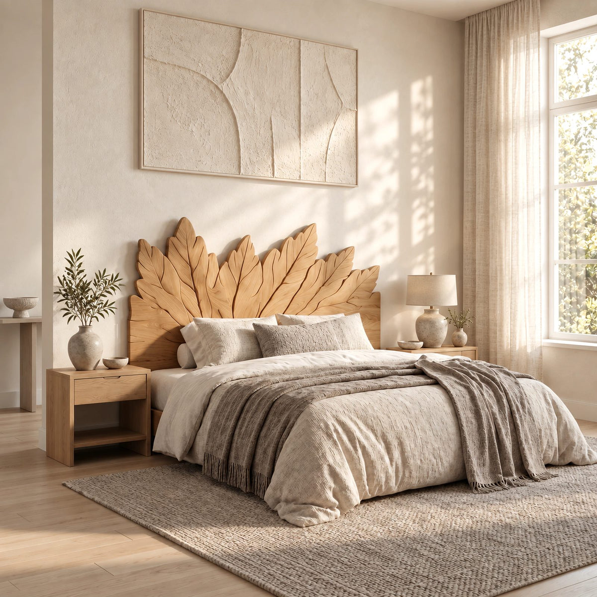 Bohemian Carved Wooden Headboard With Leaf Crest Top For Bedroom