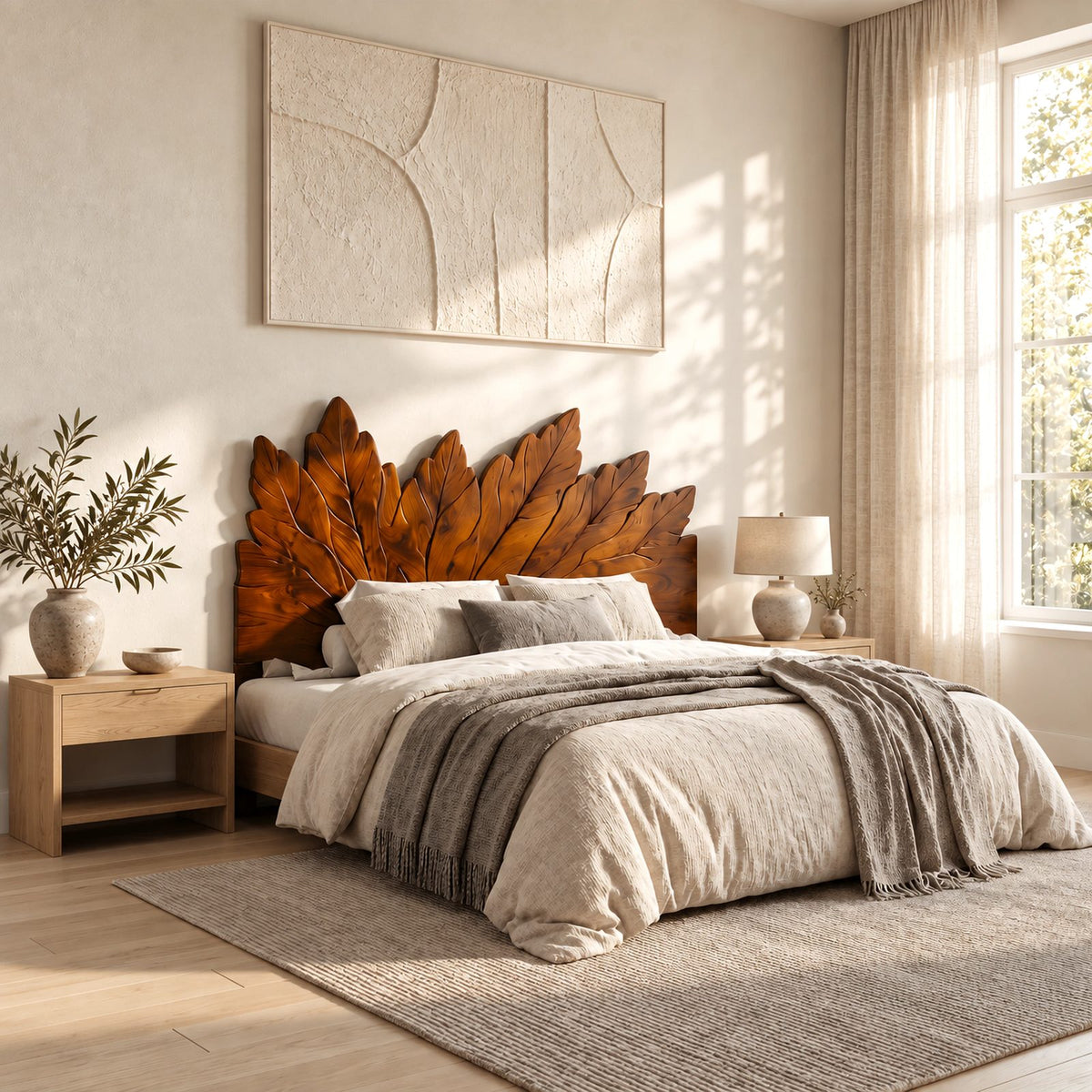 Bohemian Carved Wooden Headboard With Leaf Crest Top For Bedroom