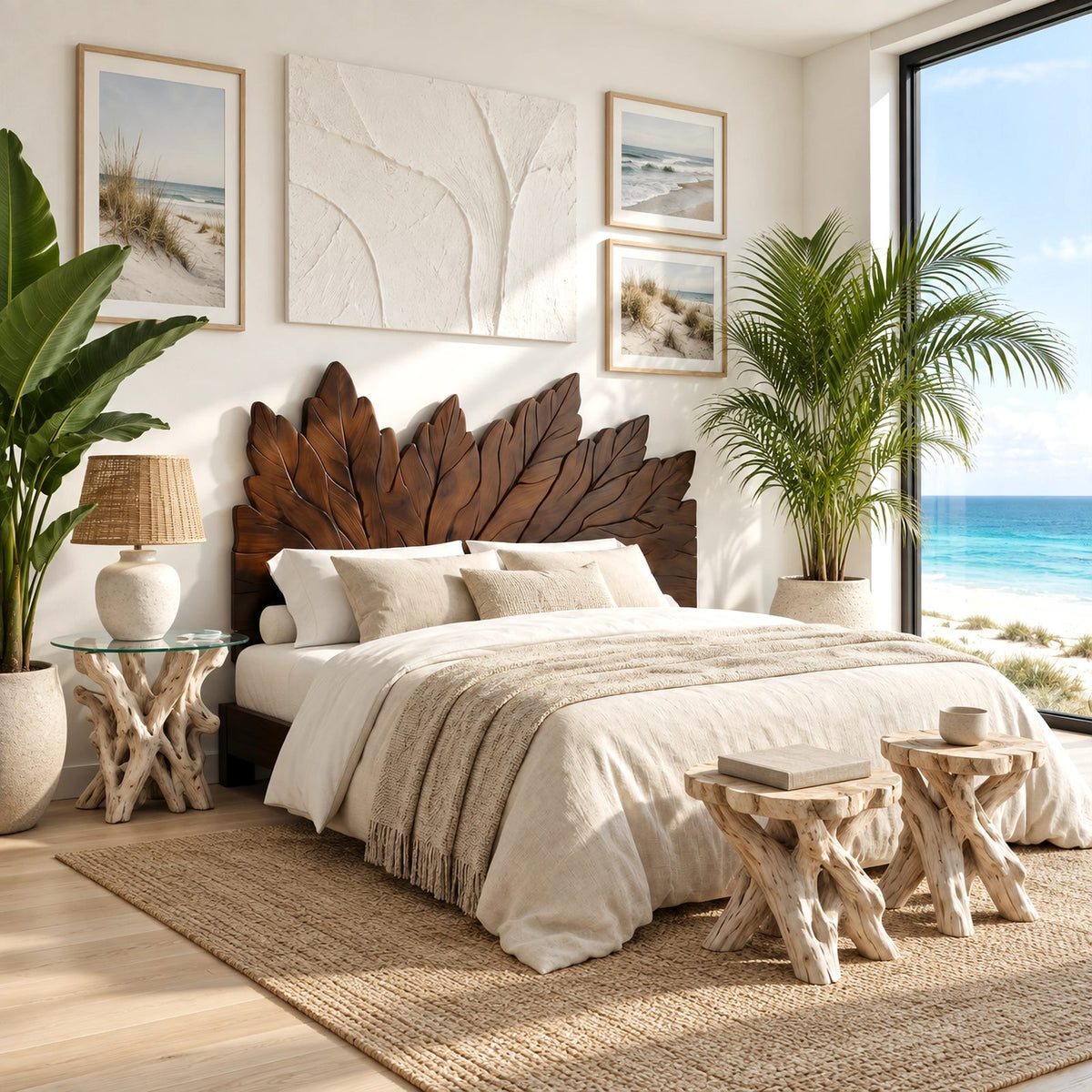 Bohemian Carved Wooden Headboard With Leaf Crest Top For Bedroom