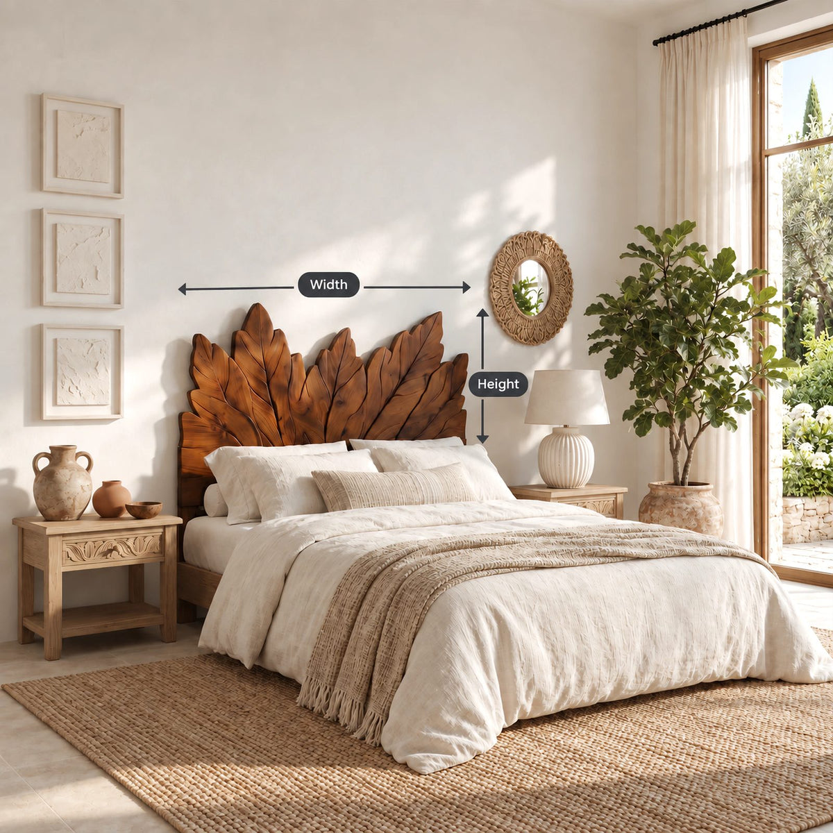 Bohemian Carved Wooden Headboard With Leaf Crest Top For Bedroom
