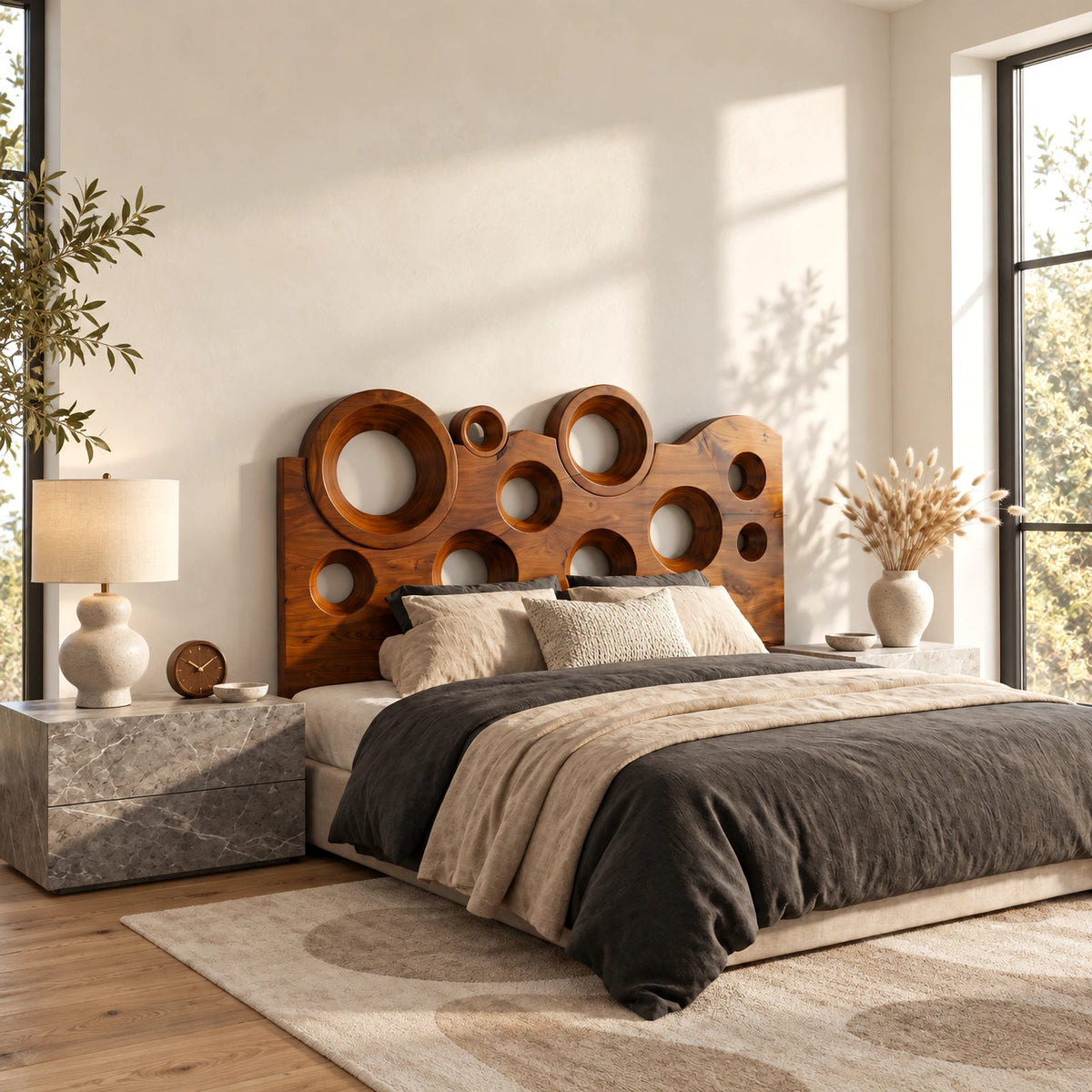 Contemporary Wavy Top Wood Headboard With Circular Cutouts For Bedroom
