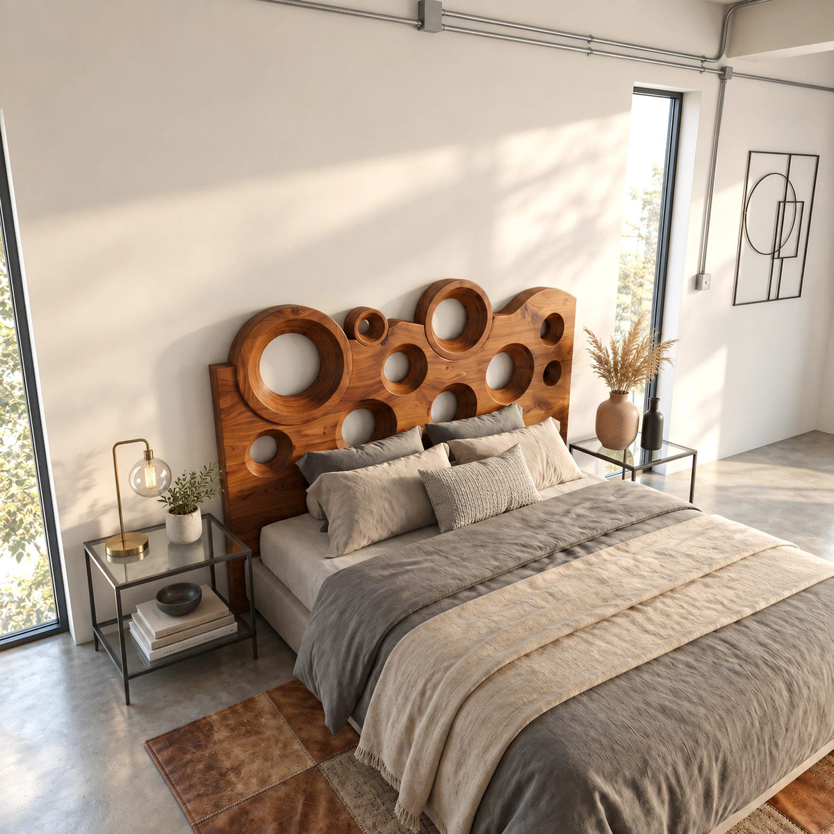 Contemporary Wavy Top Wood Headboard With Circular Cutouts For Bedroom