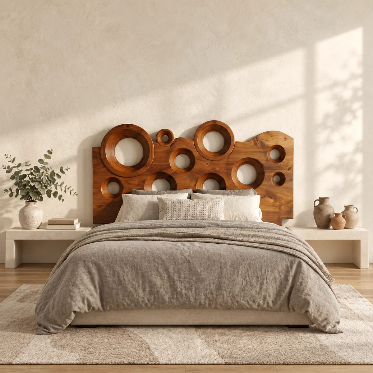 Contemporary Wavy Top Wood Headboard With Circular Cutouts For Bedroom