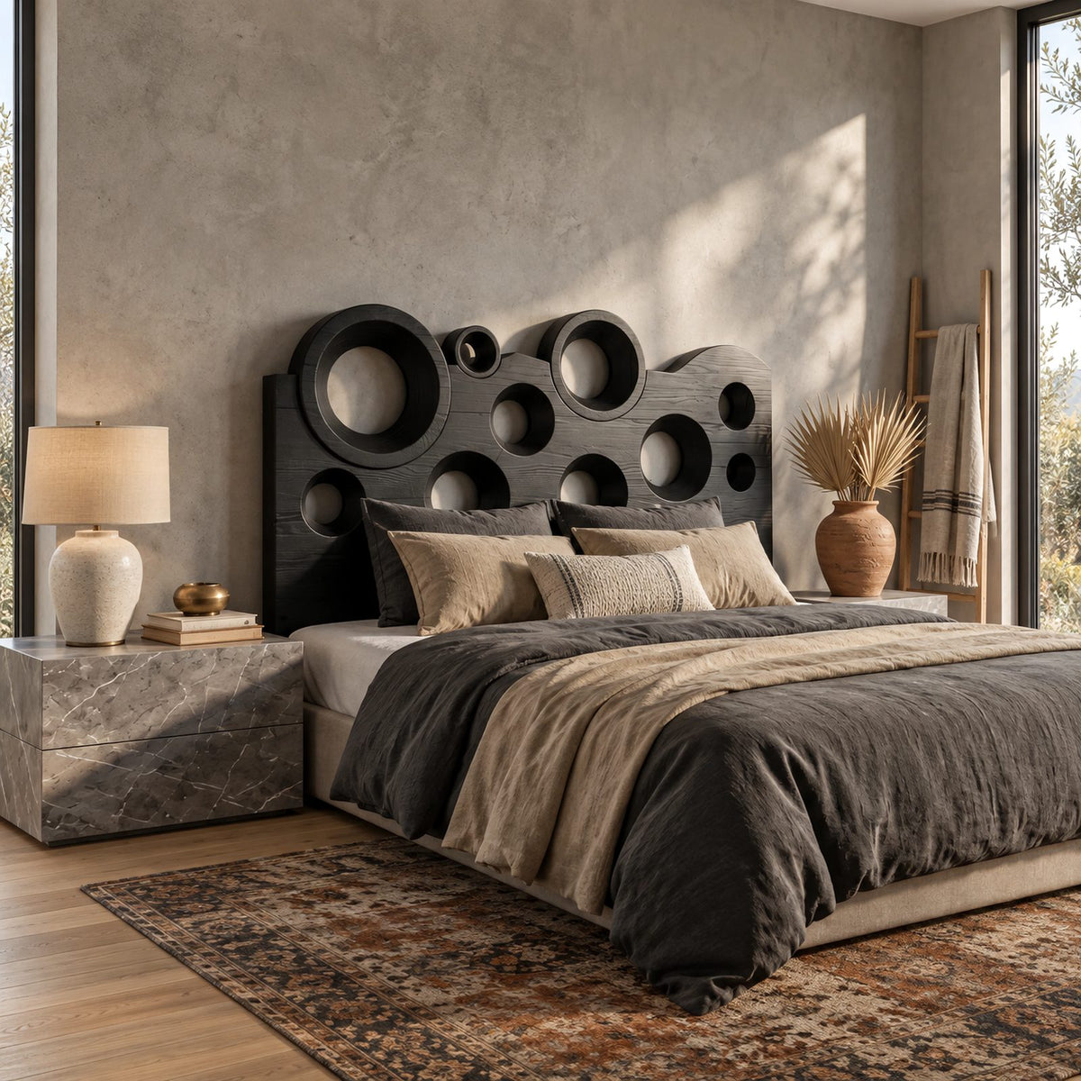Contemporary Wavy Top Wood Headboard With Circular Cutouts For Bedroom