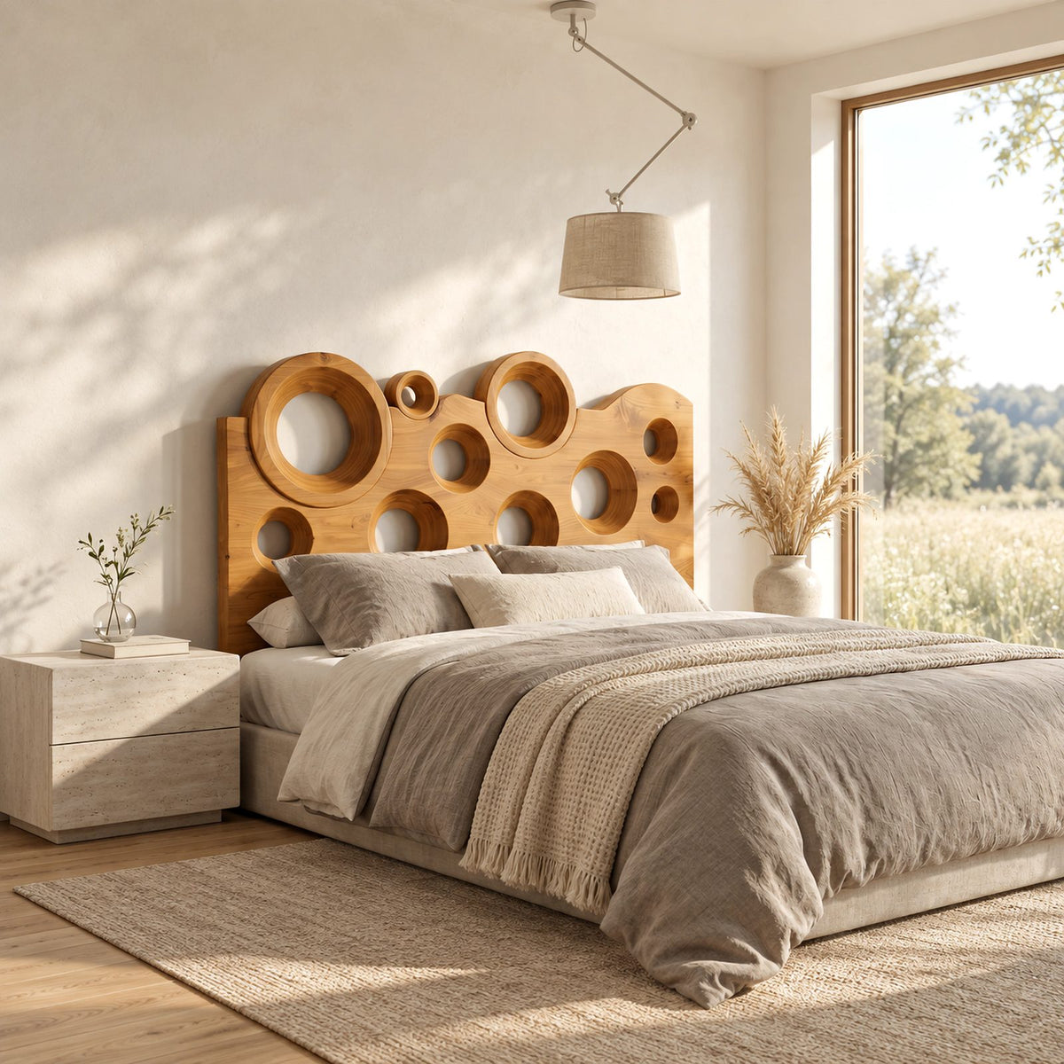 Contemporary Wavy Top Wood Headboard With Circular Cutouts For Bedroom