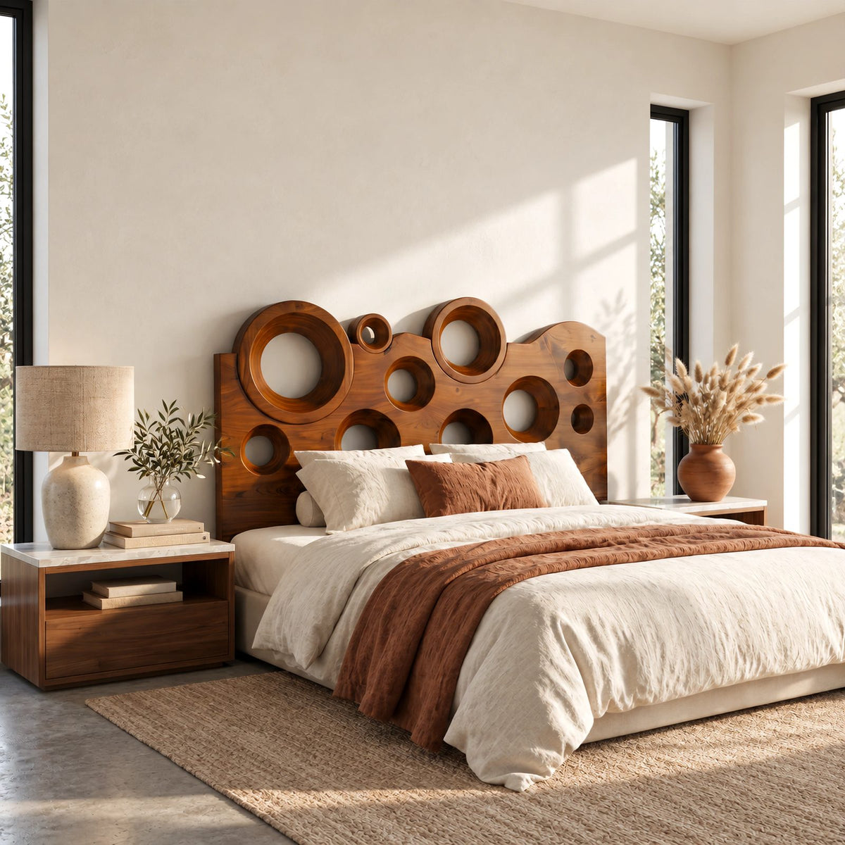 Contemporary Wavy Top Wood Headboard With Circular Cutouts For Bedroom