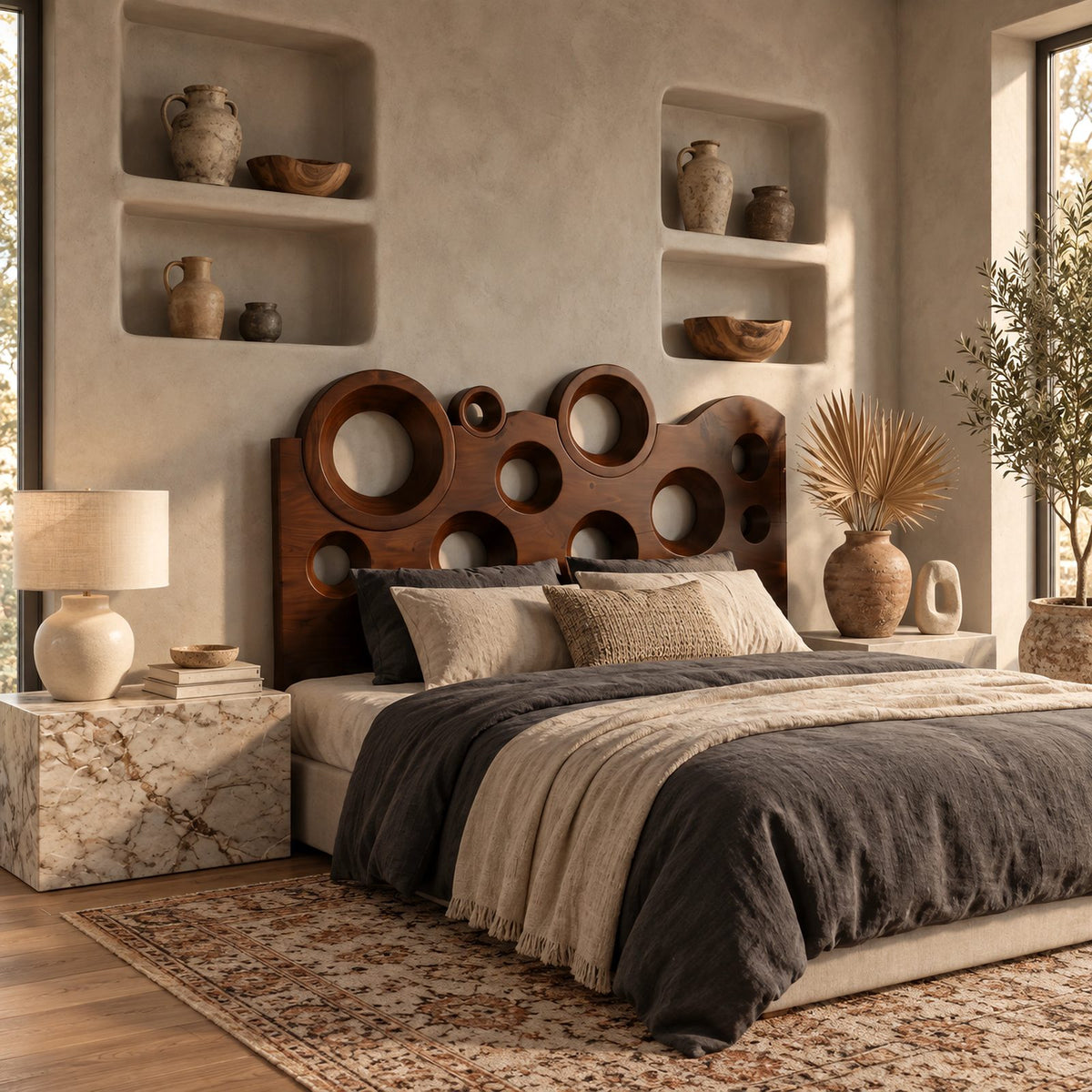 Contemporary Wavy Top Wood Headboard With Circular Cutouts For Bedroom