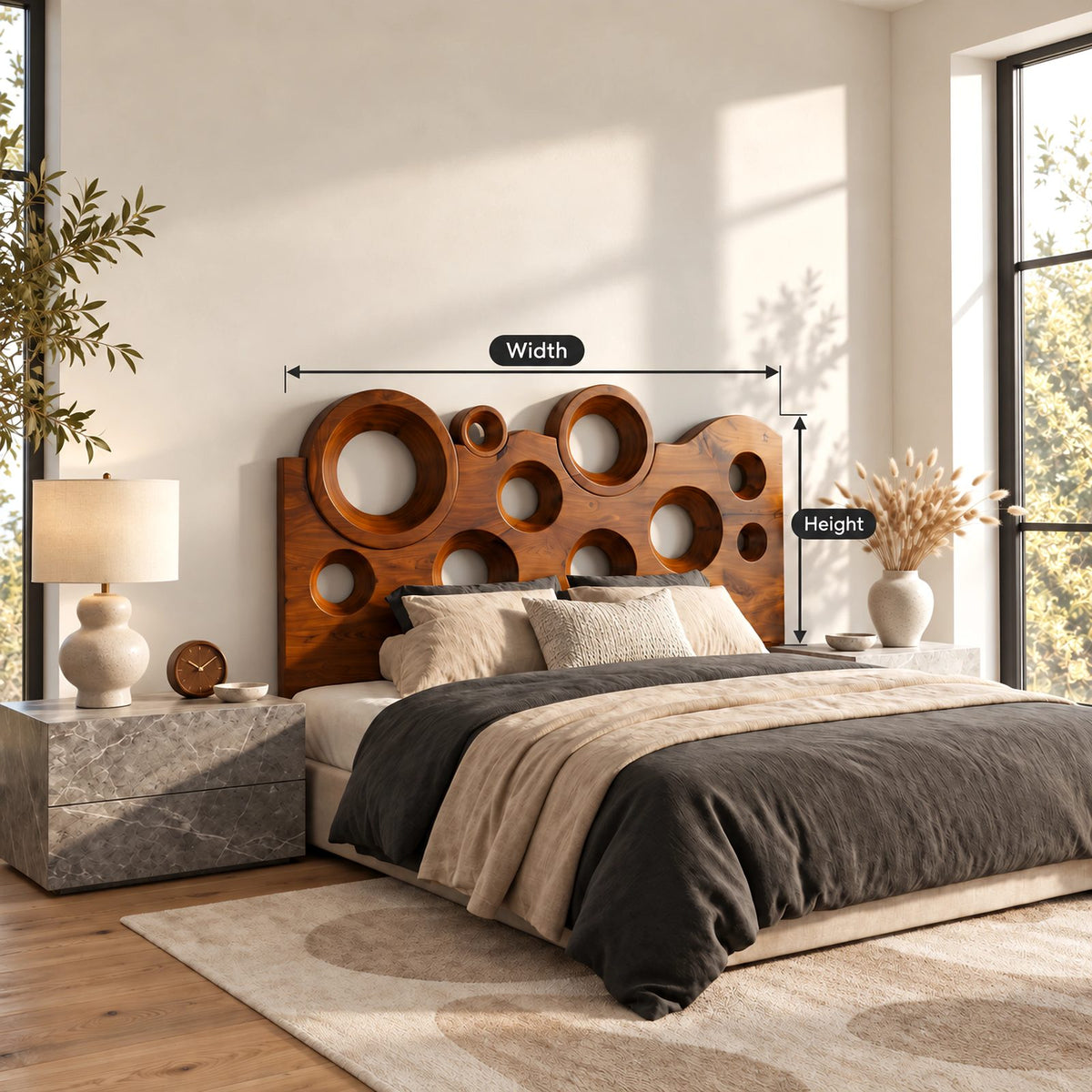Contemporary Wavy Top Wood Headboard With Circular Cutouts For Bedroom