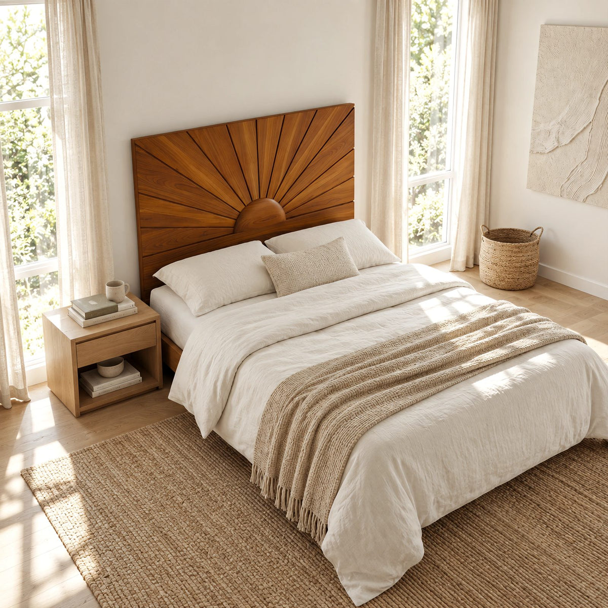 Mid Century Sunburst Wood Headboard With Radiating Panels For Bedroom