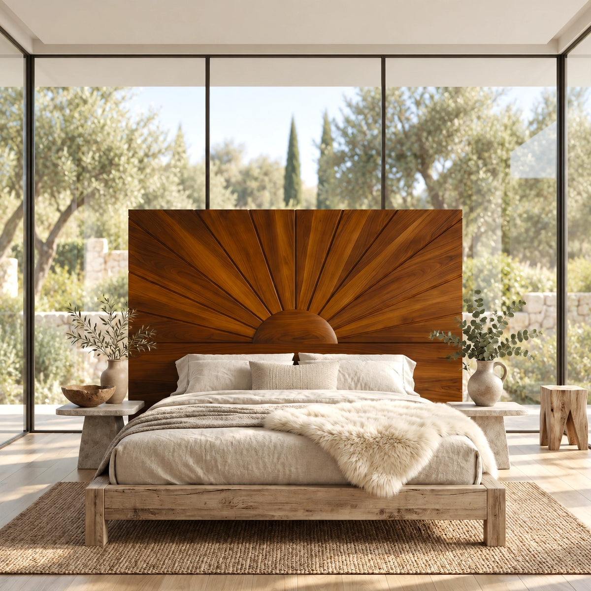 Mid Century Sunburst Wood Headboard With Radiating Panels For Bedroom