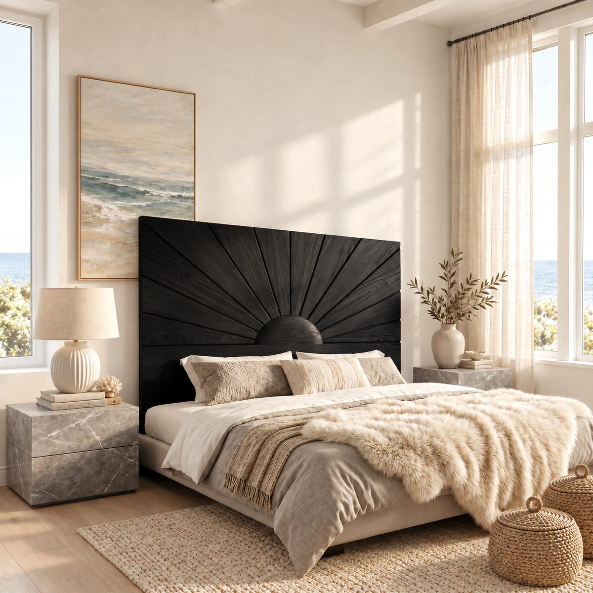 Mid Century Sunburst Wood Headboard With Radiating Panels For Bedroom