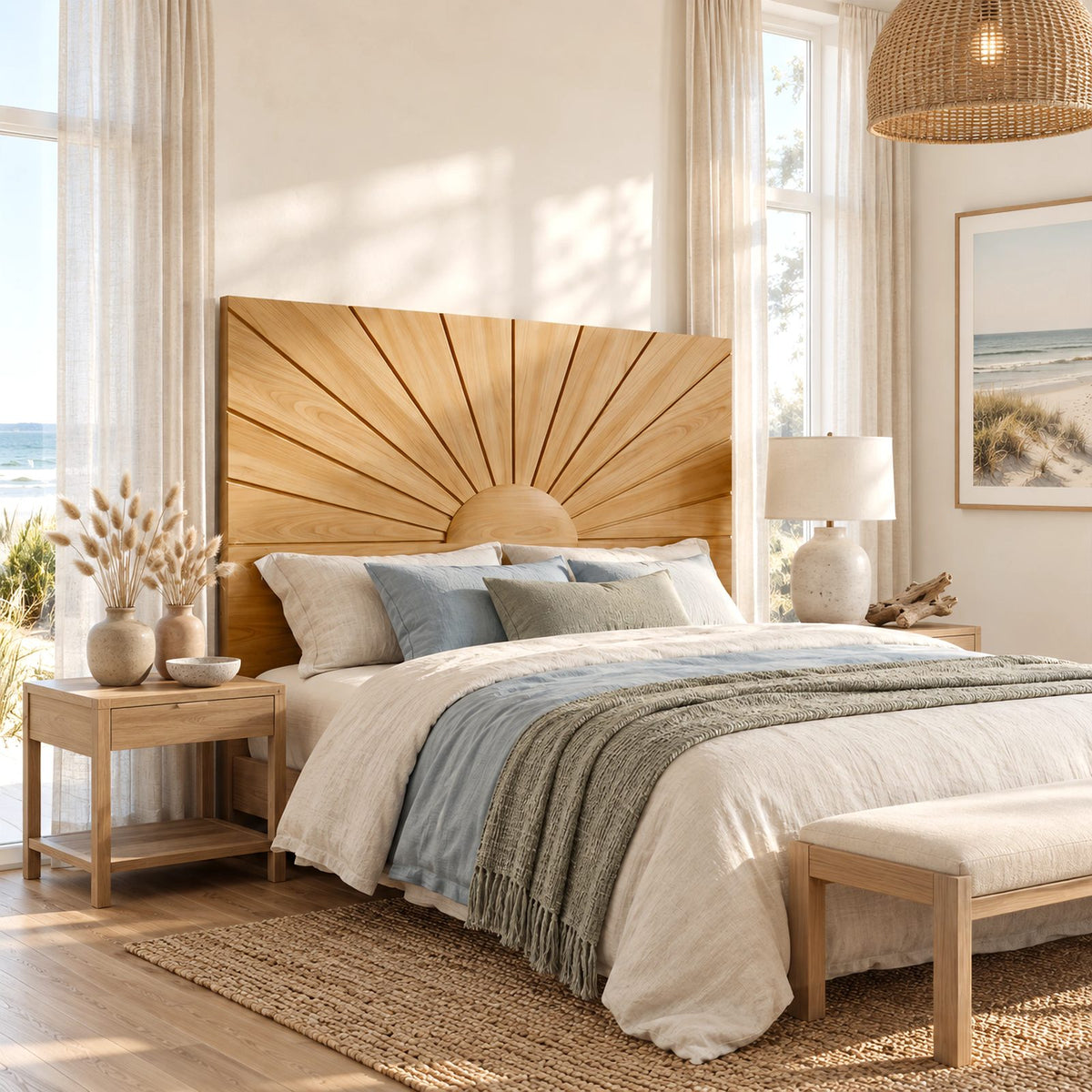Mid Century Sunburst Wood Headboard With Radiating Panels For Bedroom