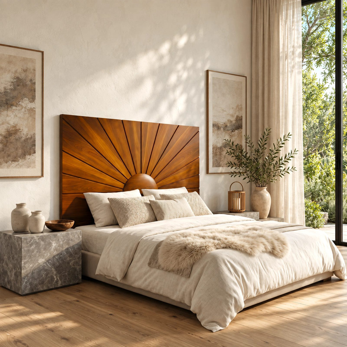 Mid Century Sunburst Wood Headboard With Radiating Panels For Bedroom