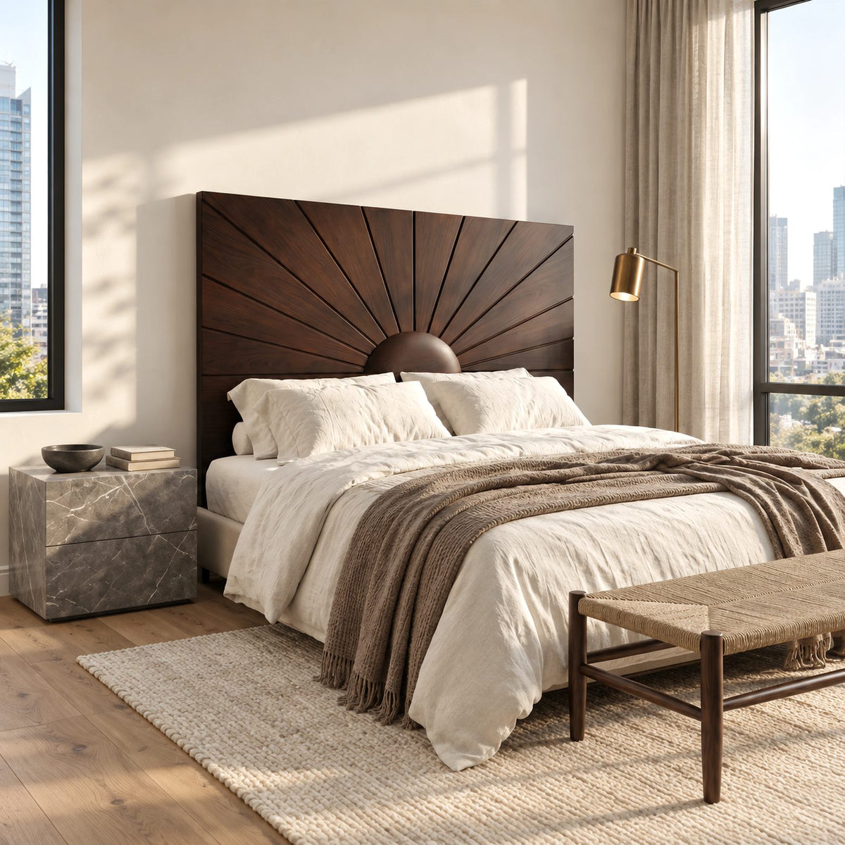 Mid Century Sunburst Wood Headboard With Radiating Panels For Bedroom