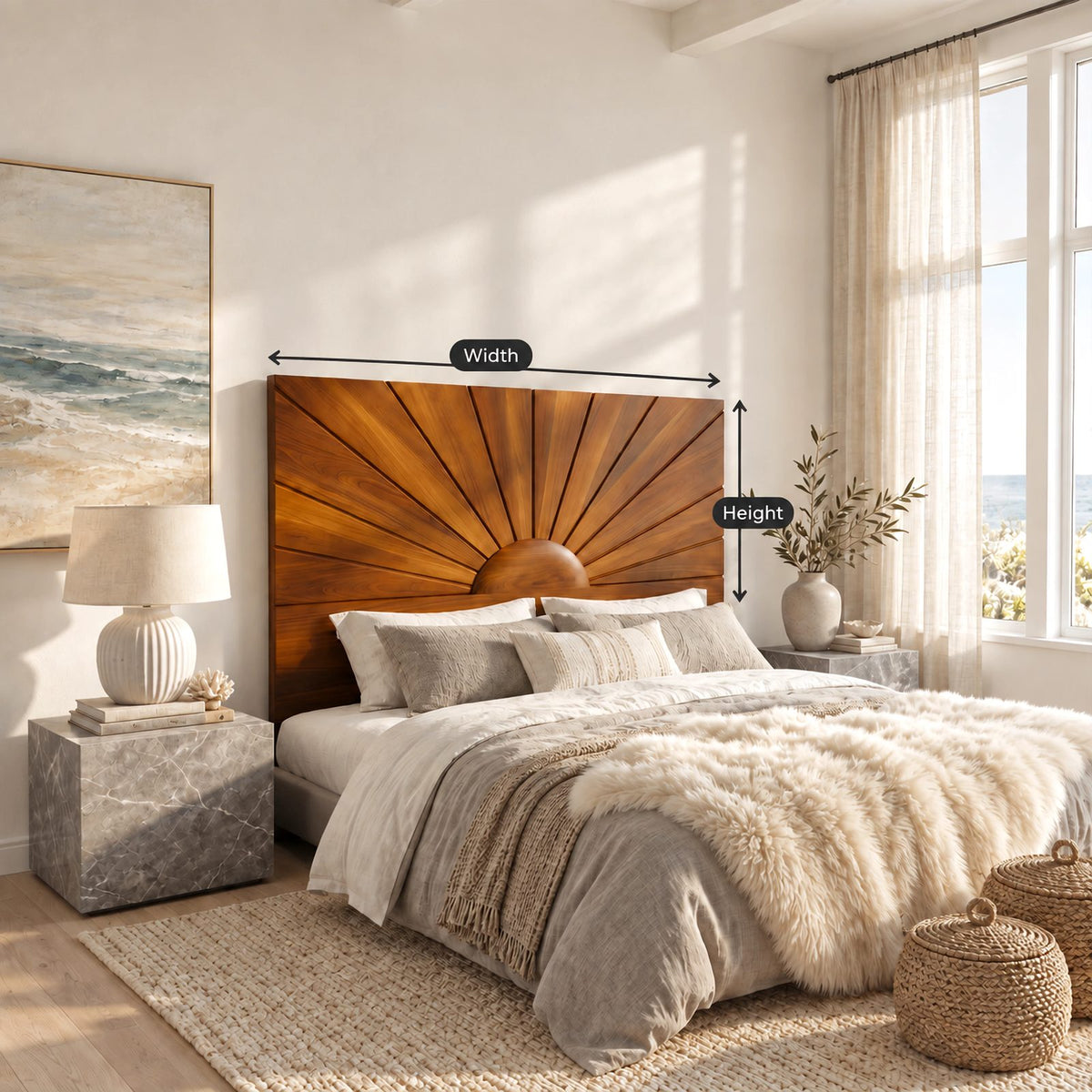 Mid Century Sunburst Wood Headboard With Radiating Panels For Bedroom