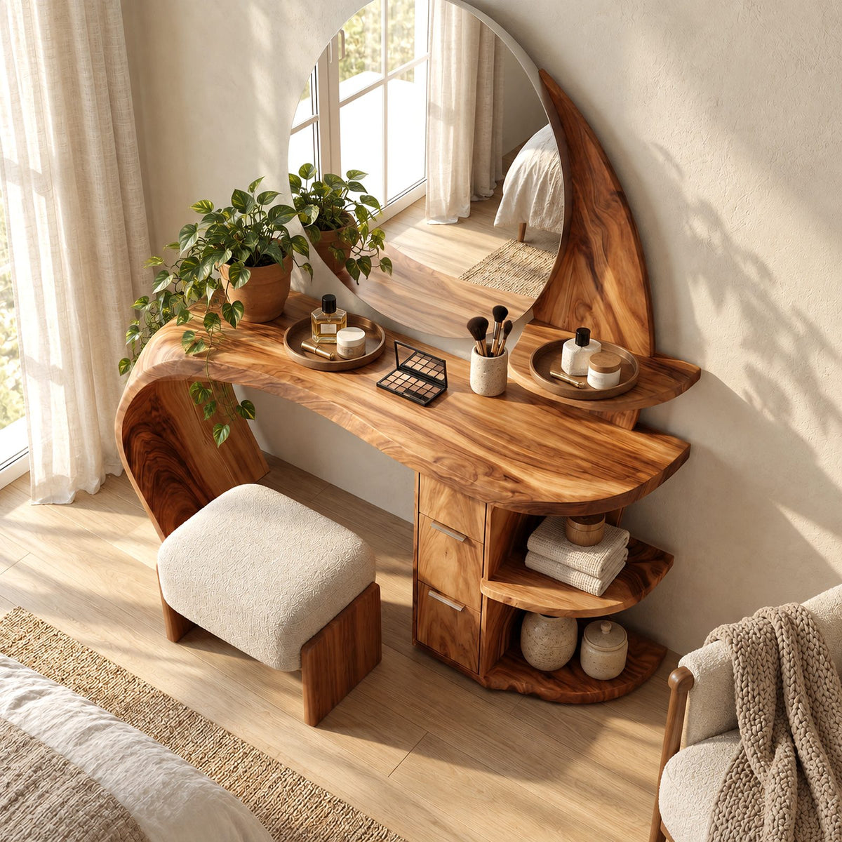 Sculptural Wave Makeup Vanity Desk With Rounded Side Shelves For Bedroom