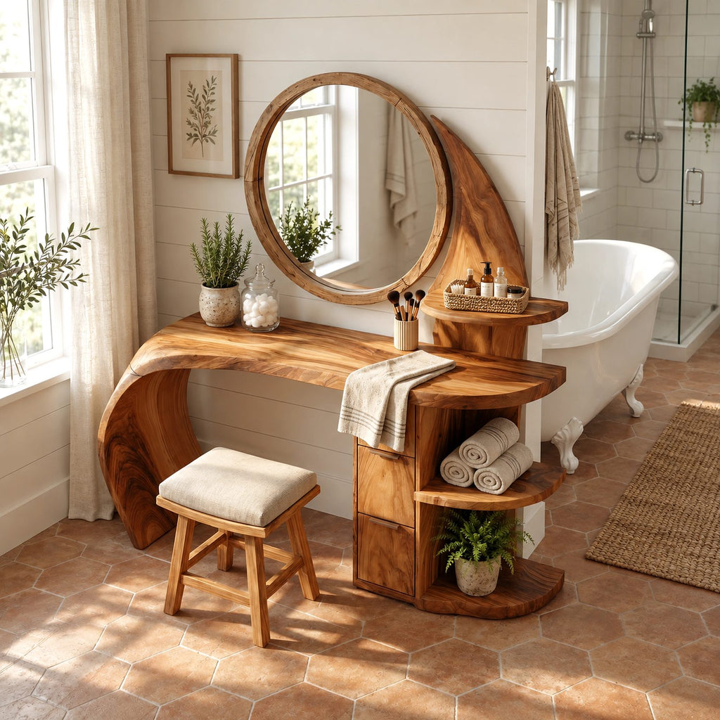 Sculptural Wave Makeup Vanity Desk With Rounded Side Shelves For Bedroom