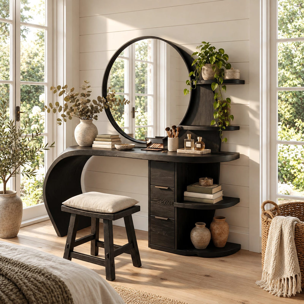 Sculptural Wave Makeup Vanity Desk With Rounded Side Shelves For Bedroom