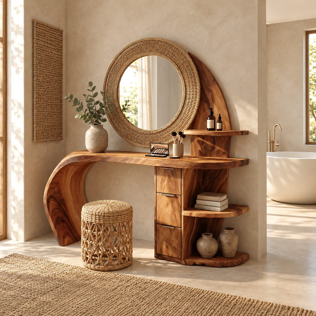 Sculptural Wave Makeup Vanity Desk With Rounded Side Shelves For Bedroom