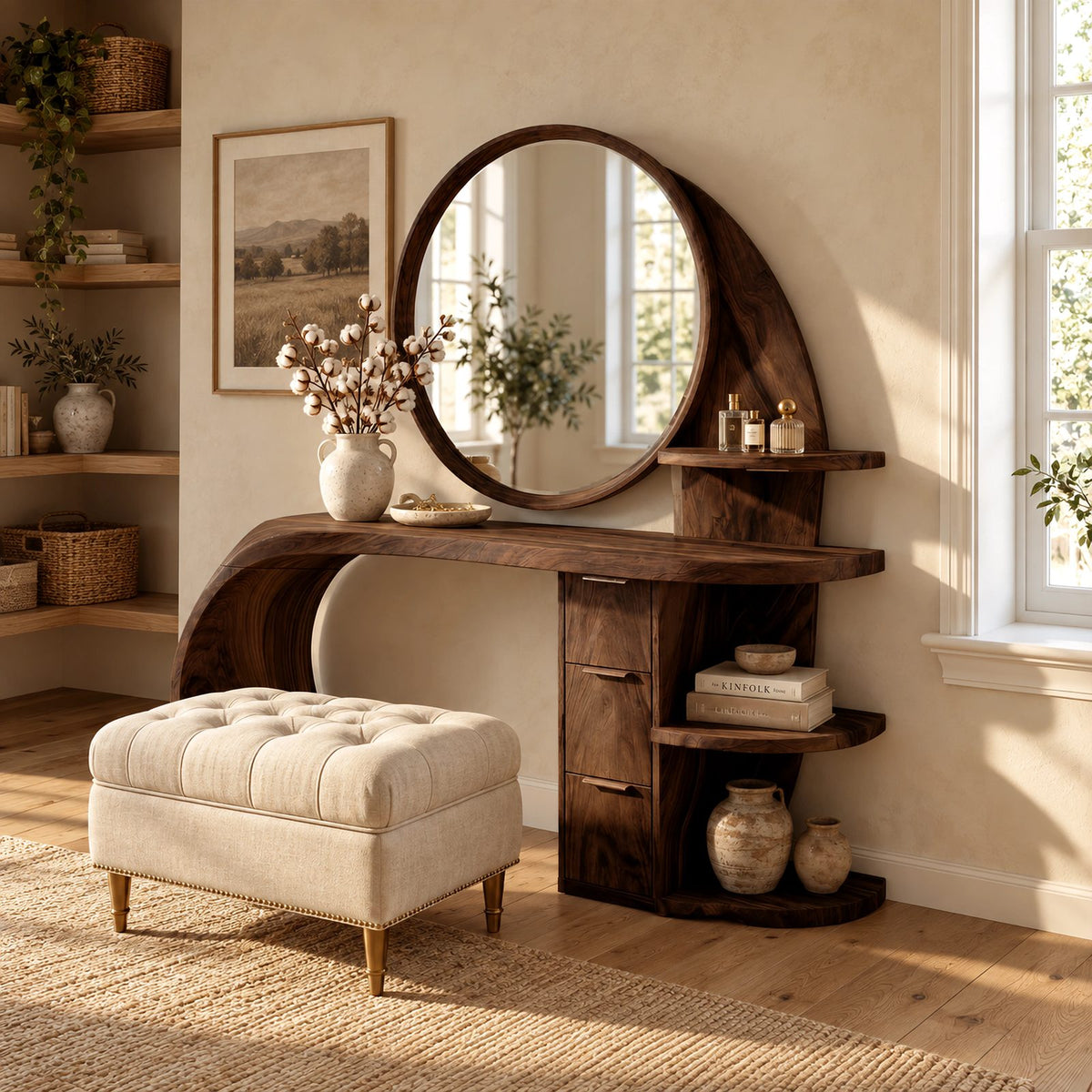 Sculptural Wave Makeup Vanity Desk With Rounded Side Shelves For Bedroom