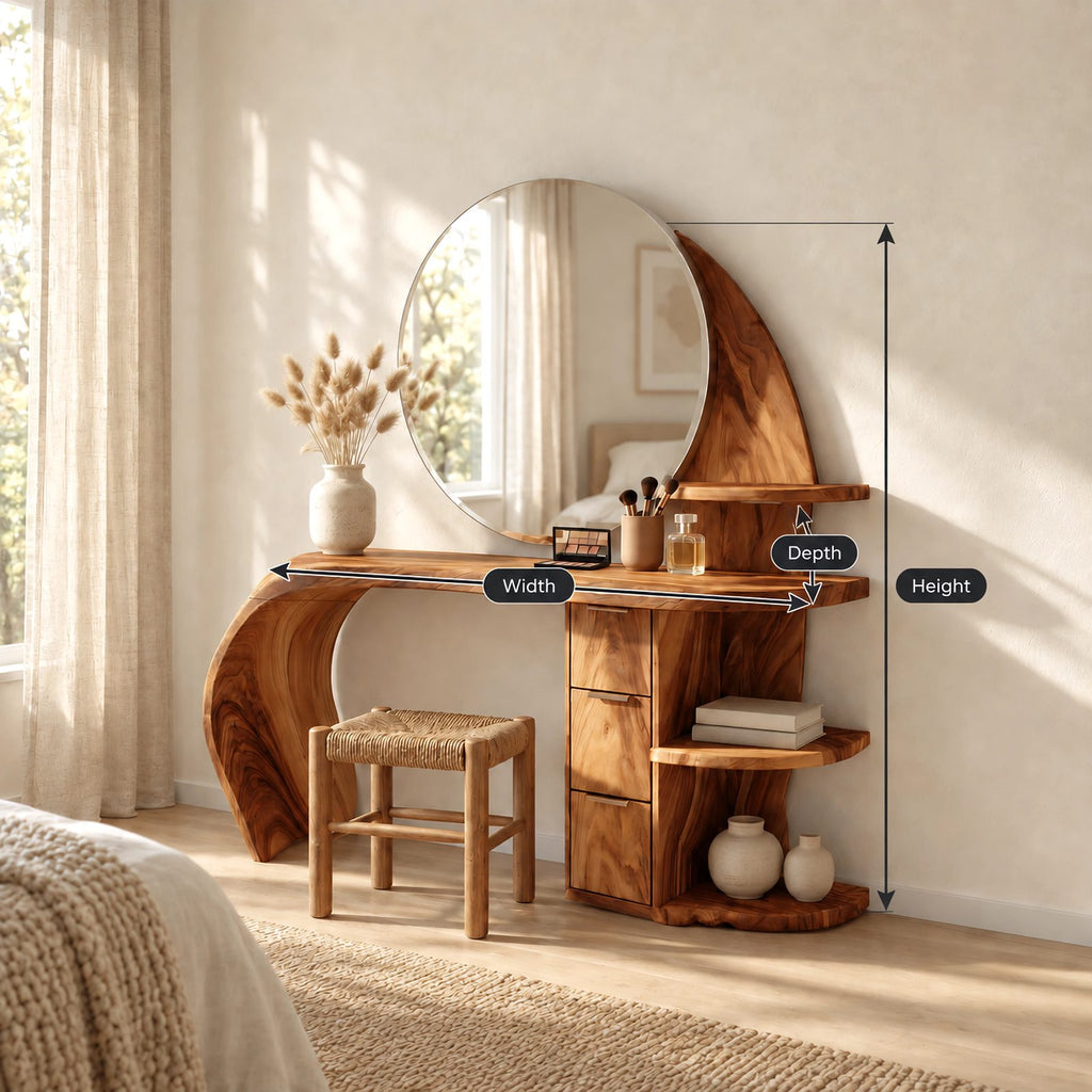 Sculptural Wave Makeup Vanity Desk With Rounded Side Shelves For Bedroom