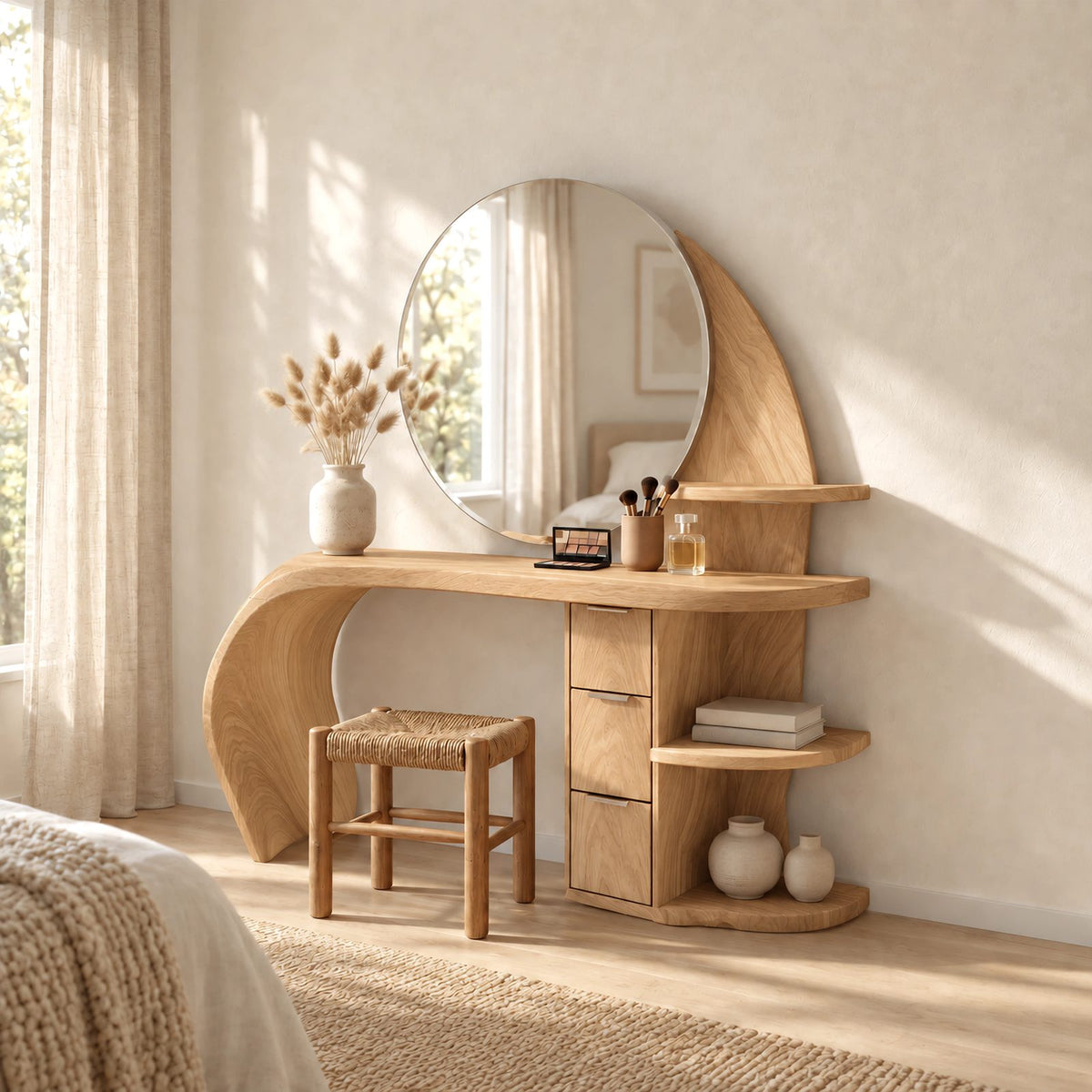 Sculptural Wave Makeup Vanity Desk With Rounded Side Shelves For Bedroom