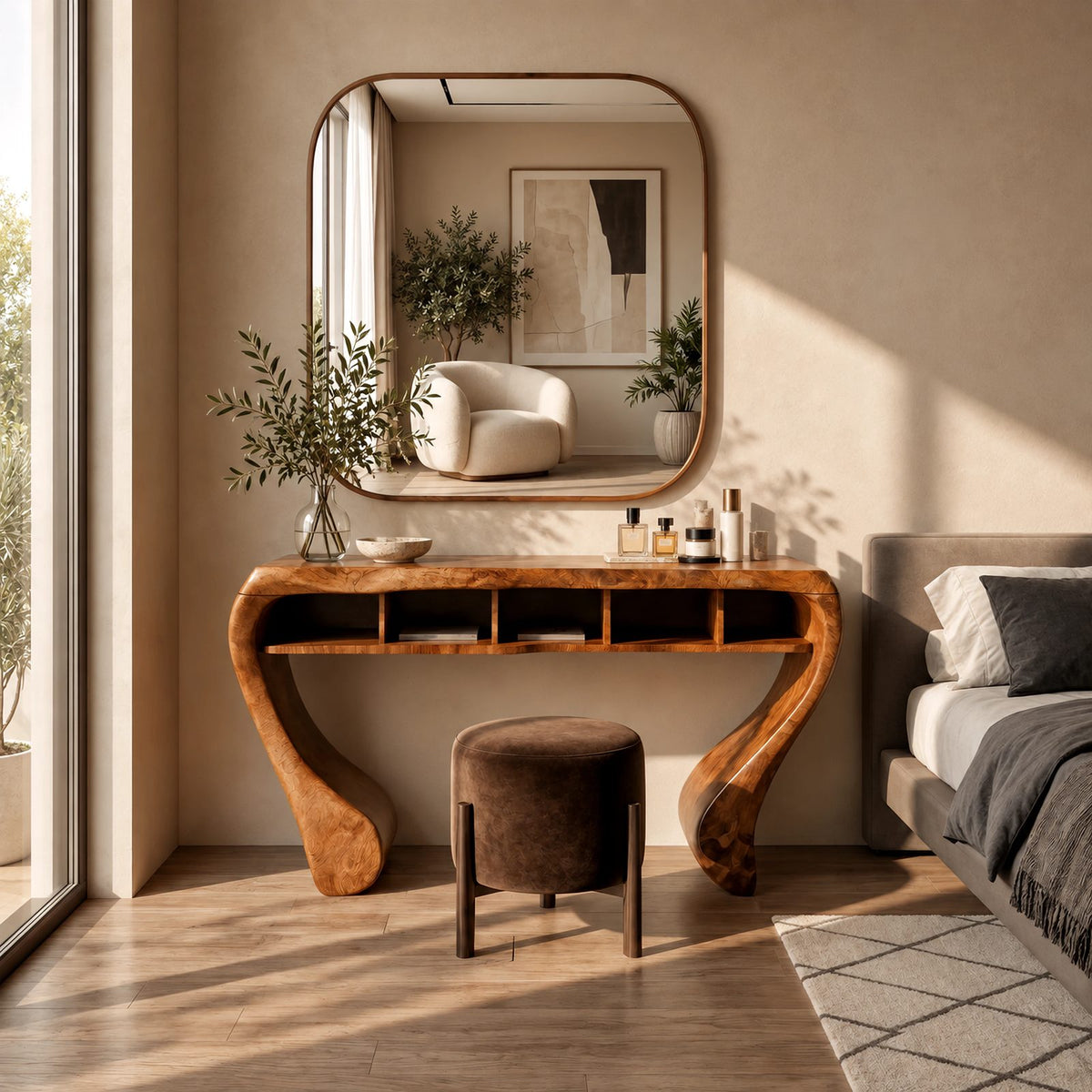 Sculptural Curved Wood Makeup Vanity With Open Cubby Storage For Bedroom