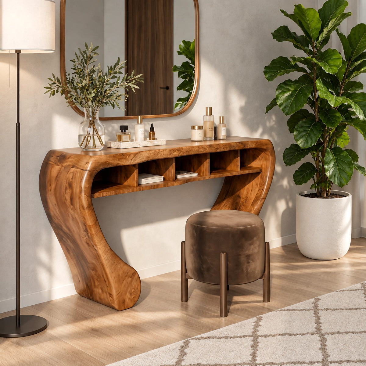 Sculptural Curved Wood Makeup Vanity With Open Cubby Storage For Bedroom