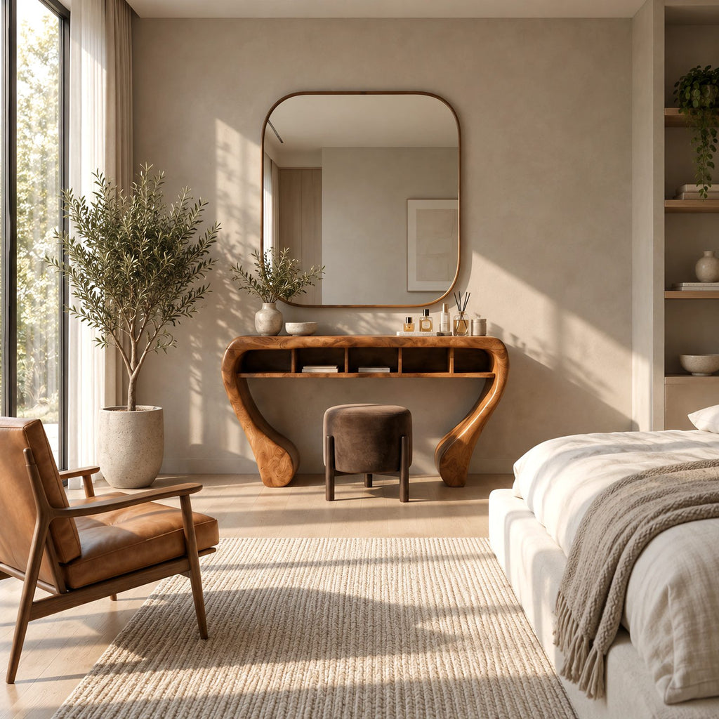 Sculptural Curved Wood Makeup Vanity With Open Cubby Storage For Bedroom