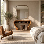 Sculptural Curved Wood Makeup Vanity With Open Cubby Storage For Bedroom