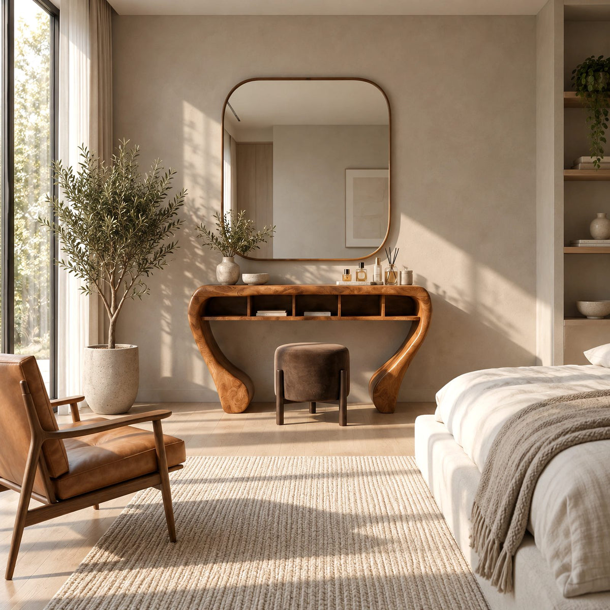 Sculptural Curved Wood Makeup Vanity With Open Cubby Storage For Bedroom