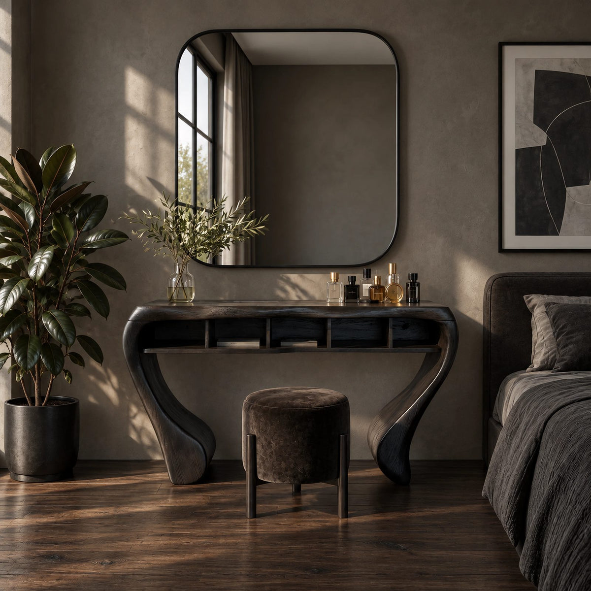 Sculptural Curved Wood Makeup Vanity With Open Cubby Storage For Bedroom