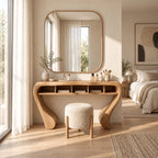 Sculptural Curved Wood Makeup Vanity With Open Cubby Storage For Bedroom