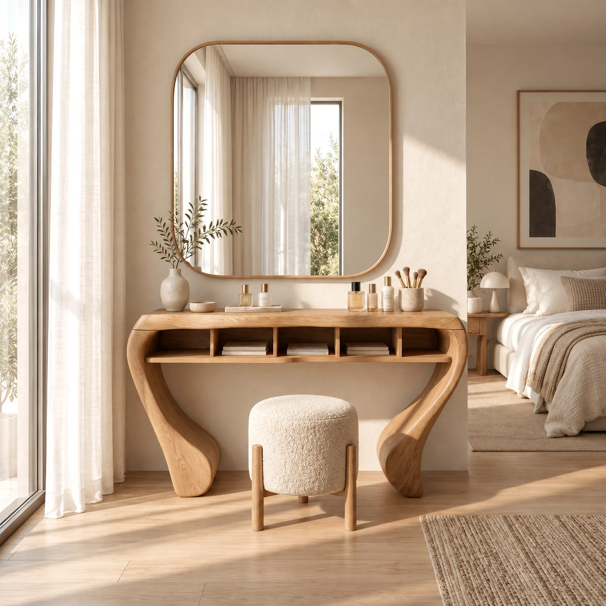 Sculptural Curved Wood Makeup Vanity With Open Cubby Storage For Bedroom