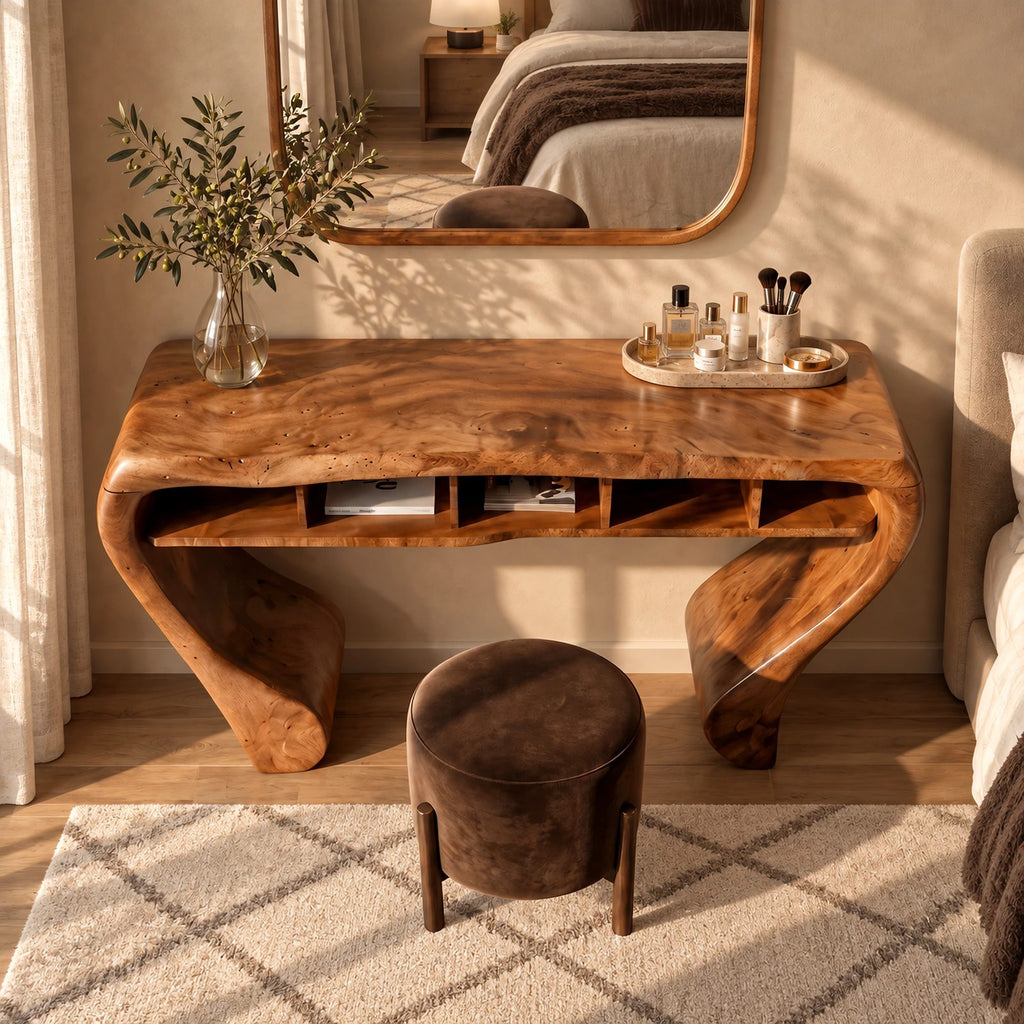Sculptural Curved Wood Makeup Vanity With Open Cubby Storage For Bedroom
