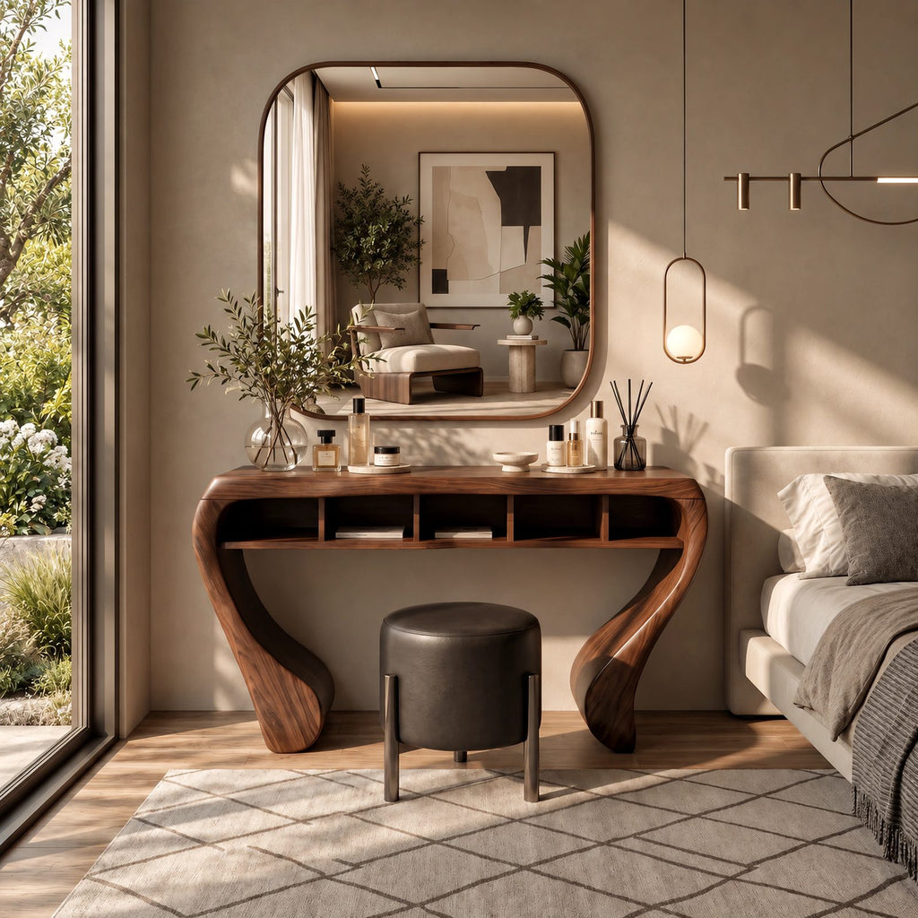 Sculptural Curved Wood Makeup Vanity With Open Cubby Storage For Bedroom