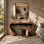 Sculptural Curved Wood Makeup Vanity With Open Cubby Storage For Bedroom