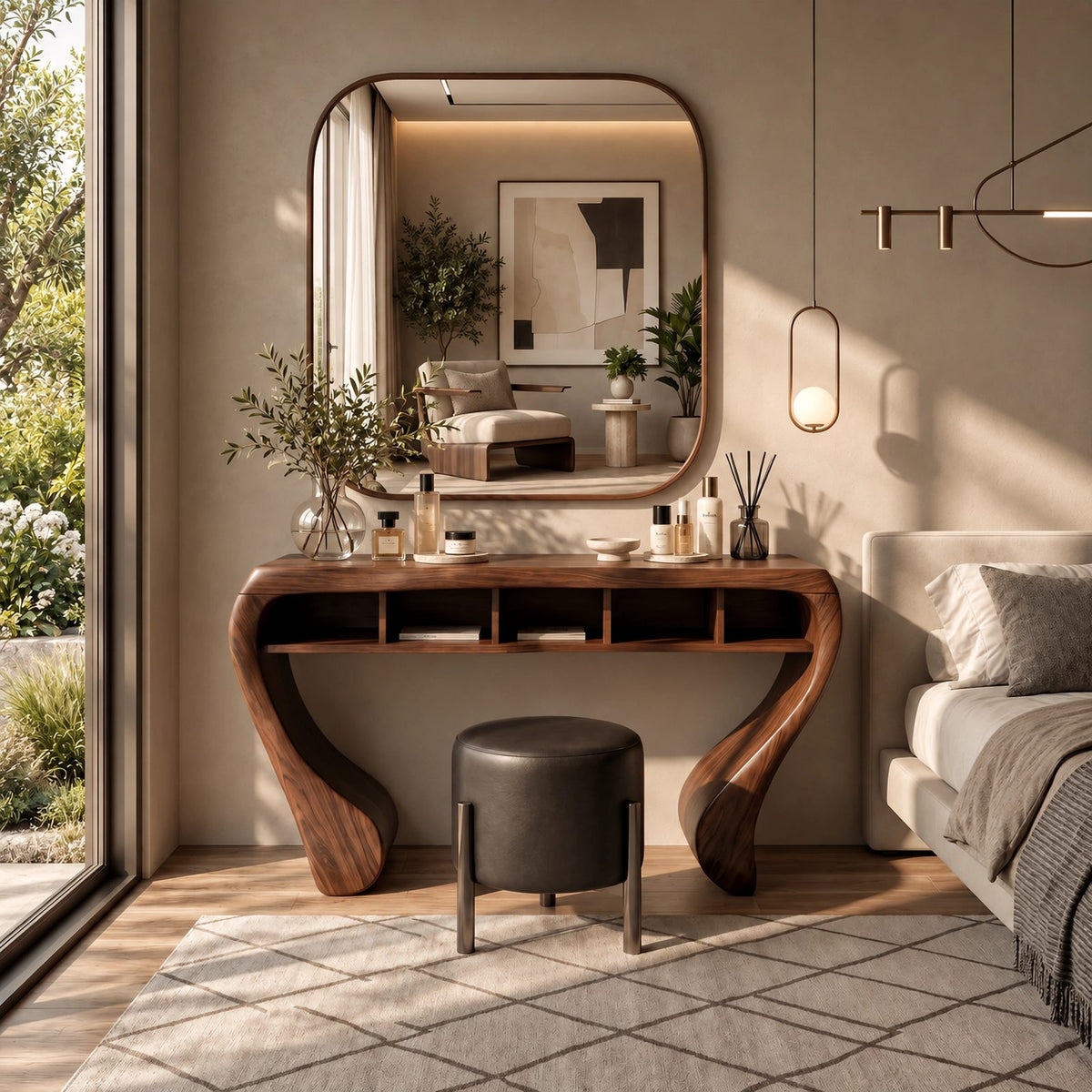 Sculptural Curved Wood Makeup Vanity With Open Cubby Storage For Bedroom