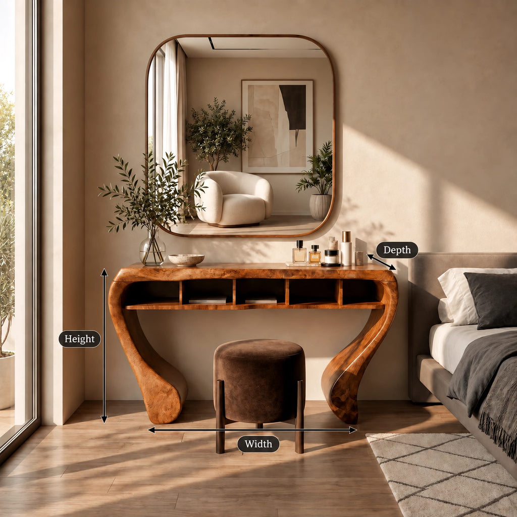 Sculptural Curved Wood Makeup Vanity With Open Cubby Storage For Bedroom