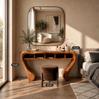 Sculptural Curved Wood Makeup Vanity With Open Cubby Storage For Bedroom