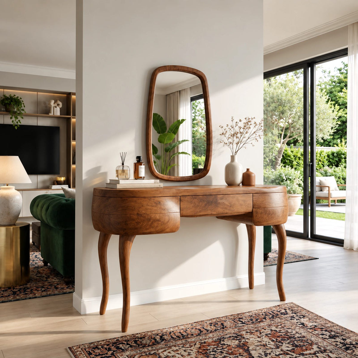 Vintage Inspired Kidney Shaped Makeup Vanity With Cabriole Legs For Bedroom