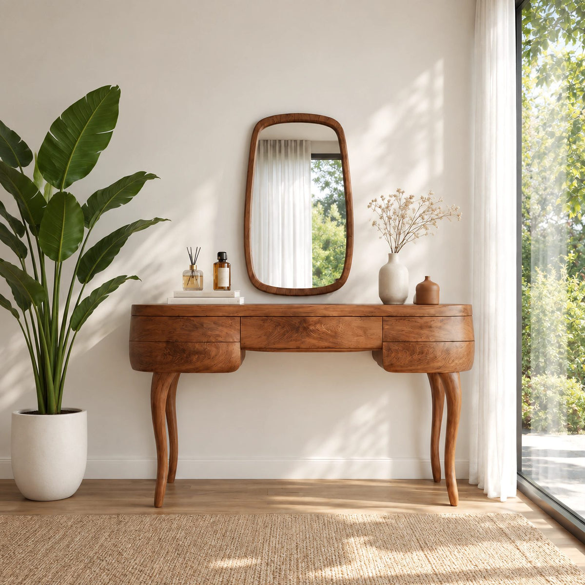Vintage Inspired Kidney Shaped Makeup Vanity With Cabriole Legs For Bedroom