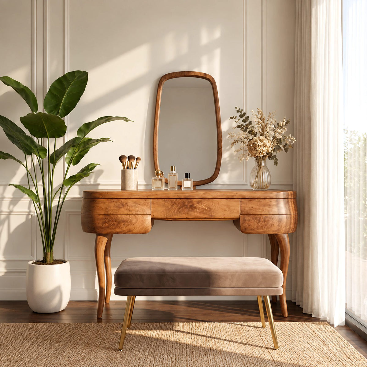 Vintage Inspired Kidney Shaped Makeup Vanity With Cabriole Legs For Bedroom