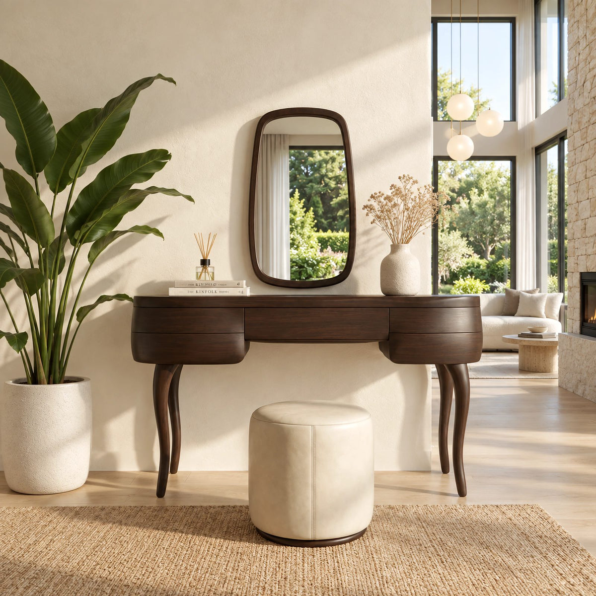 Vintage Inspired Kidney Shaped Makeup Vanity With Cabriole Legs For Bedroom