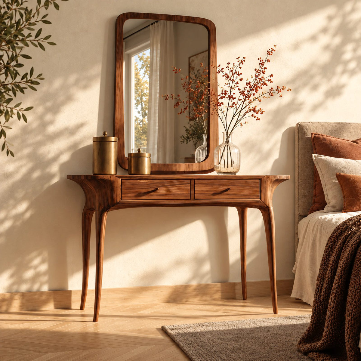 Scandinavian Solid Wood Makeup Vanity Desk With Tapered Legs For Bedroom