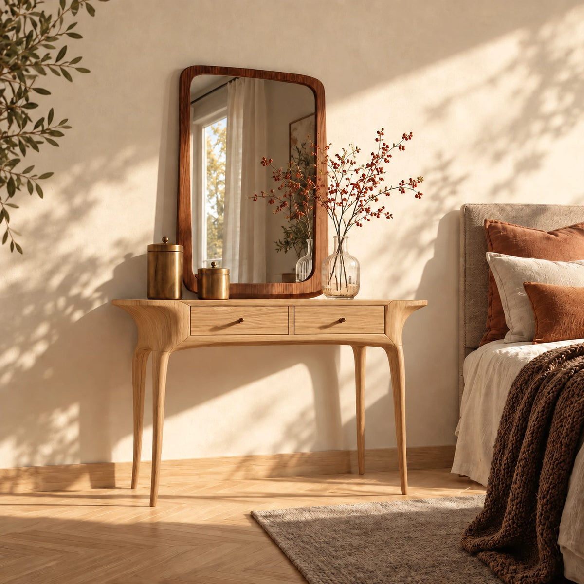 Scandinavian Solid Wood Makeup Vanity Desk With Tapered Legs For Bedroom