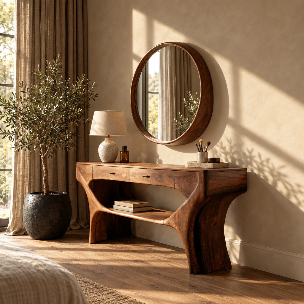 Artisan Sculptural Wood Vanity Table With Lower Open Shelf For Bedroom