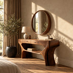 Artisan Sculptural Wood Vanity Table With Lower Open Shelf For Bedroom