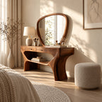 Artisan Sculptural Wood Vanity Table With Lower Open Shelf For Bedroom