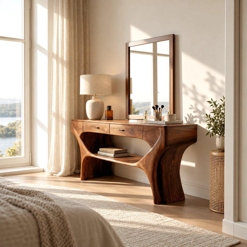 Artisan Sculptural Wood Vanity Table With Lower Open Shelf For Bedroom